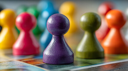 Close up of colorful game pieces on a board ready for game night fun