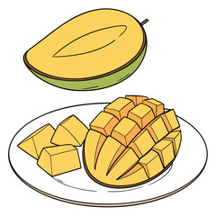 Illustration of a ripe mango cut into cubes on a plate, the juicy fruit is perfect for a healthy snack or dessert the vibrant colors and detailed lines make it visually appealing