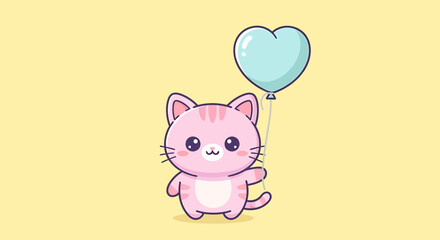Cute pink cartoon cat holding a light blue heartshaped balloon, with big expressive eyes and a friendly smile, set against a soft yellow background, perfect for childrens themes and celebrations