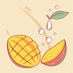 Illustration of a juicy mango with water droplets, featuring a vibrant color palette and playful design elements, perfect for adding a touch of tropical freshness to any project