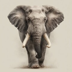 Naklejka premium Realistic image of a large African elephant with tusks, standing on a white background, casting a soft shadow.
