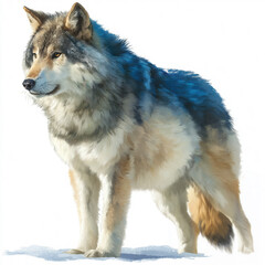 Obraz premium Realistic image of a standing gray wolf with a thick fur coat, featuring shades of gray and brown, isolated on a white background with a soft shadow.