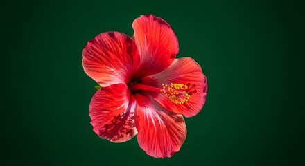 Vibrant Red Hibiscus Flower on Dark Green Background
