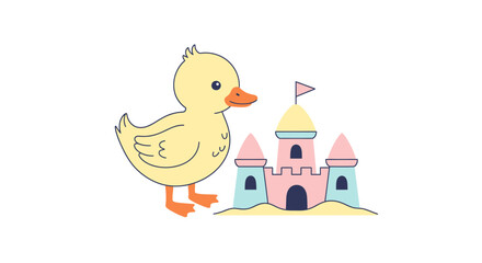 Cute yellow duckling standing next to a colorful sandcastle on a beach