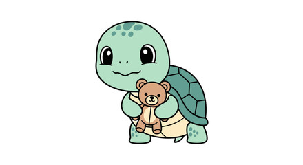 Cute cartoon baby turtle holding a small teddy bear