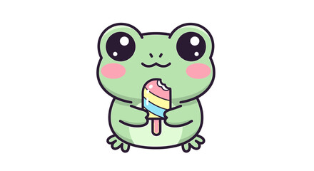 Cute cartoon frog character holding a colorful popsicle, , kawaii style illustration