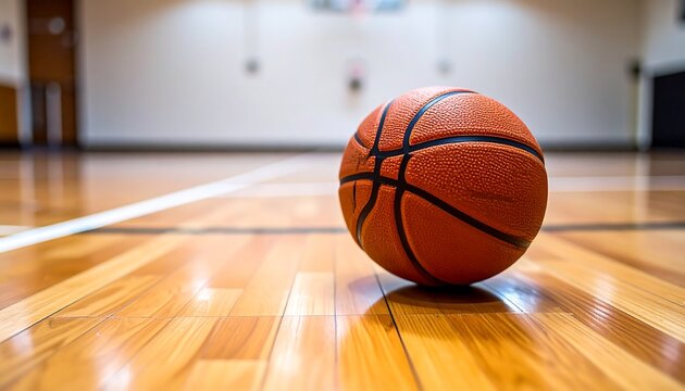 Basketball Resting on a Polished Hardwood Court Floor.