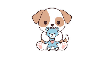Charming illustration of a cute baby puppy dog cuddling a soft blue teddy bear, an adorable kawaii character isolated on a white background