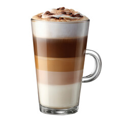 Tall glass of layered iced coffee with whipped cream and chocolate shavings on a dark background