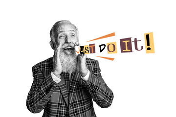 Fototapeta na wymiar Creative collage image retired man motivational speech just do it support encourage checkered costume drawing background