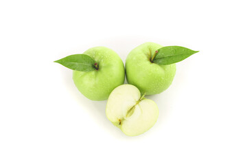 Fresh Green Shaanxi Apples with Leaves and Slice on White Background - Tree Ripened Fruit