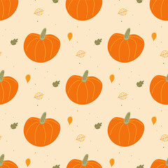 Vector seamless cozy autumn pattern with pumpkins and leaves. Seamless pattern for fabric, textiles, clothing, wrapping paper, cover, banner, home decor, abstract background.