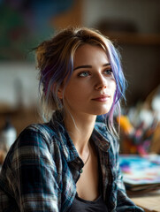 Obraz premium Creative young woman with colorful hair contemplative portrait indoors