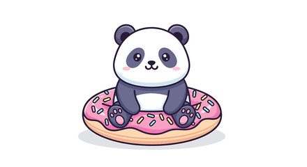 Cute cartoon baby panda sitting on a pink donut with sprinkles