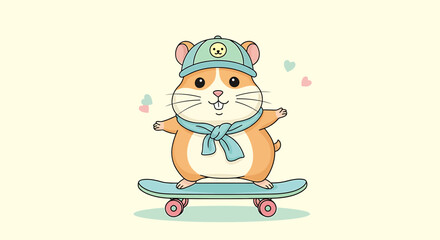 Cartoon Hamster Skateboarder Cute Animal on Wheels Illustration
