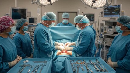 Intense surgical procedure unfolds, showcasing a dedicated medical team in action within a high - Powered by Adobe