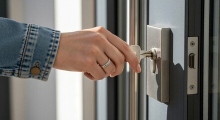 Woman's hand inserting a key into door lock for home security concept  