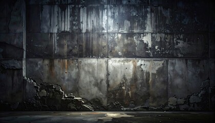 Distressed Concrete Wall Background with Peeling Paint and Dark Stains Horizontal Layout