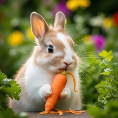 Adorable bunny enjoys a fresh carrot snack in a vibrant garden setting outdoors