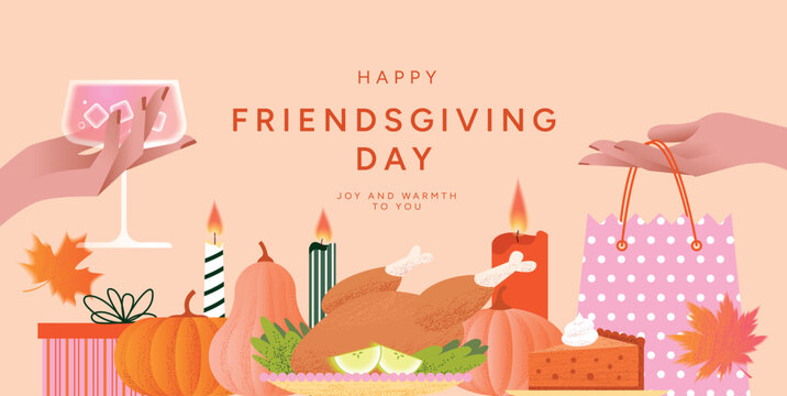 Happy Friendsgiving and Thanksgiving Day card with roasted Turkey, Pumpkin pie, Pumpkins, Autumn leaves, candles, gift box, shopping bag, cocktails. Festive holiday party design. Vector illustration