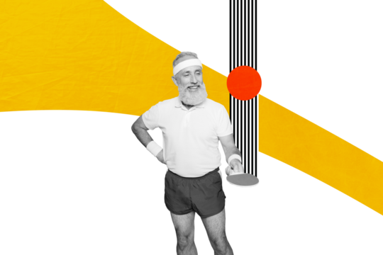 Composite trend artwork sketch image photo collage of line element zebra aged man stand hand hold rocket tennis ball sport gym training