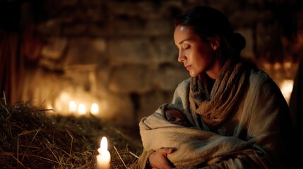 Obraz premium Sacred Film-Style Nativity with Madonna and Christ Child by Manger.