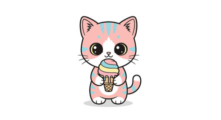 Fototapeta premium Cute cartoon kitten with pink and blue stripes holding an ice cream cone