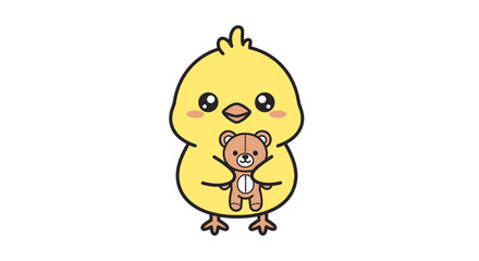 Cute cartoon yellow chick hugging a small teddy bear, , perfect for childrens books and designs