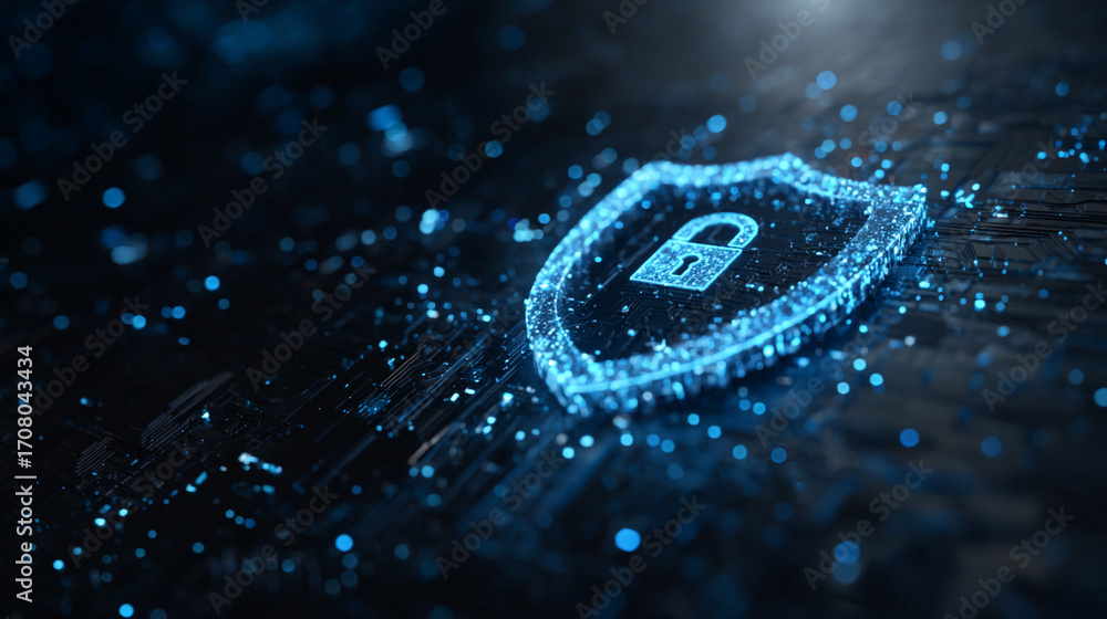 Poster a glowing shield with a padlock symbol on a dark textured background
