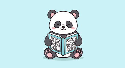 Charming graphic of a delightful panda bear peacefully sitting and enjoying a picture book, an emblem of education, curiosity, and childlike wonder