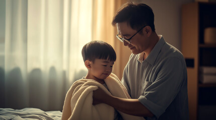 Father gently wraps a warm towel around his son in a cozy bedroom during the evening
