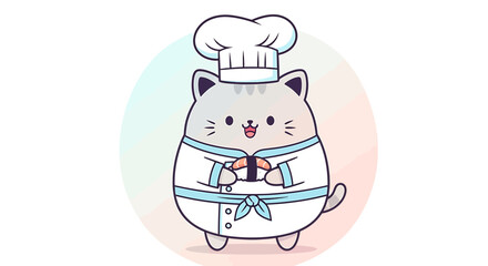 Cute cartoon cat chef wearing a chef hat and uniform, holding sushi, , kawaii style illustration