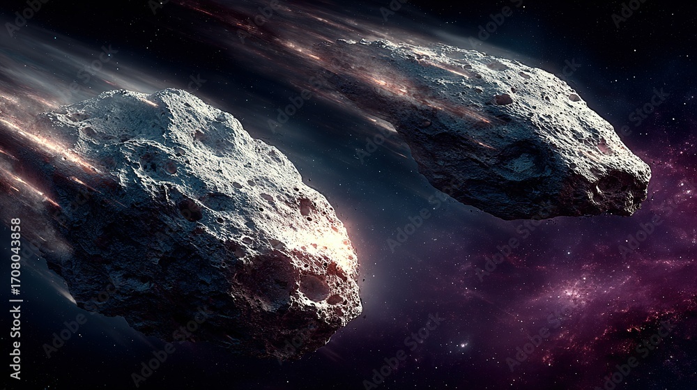 Aufkleber two asteroids or comets streak through a colorful nebula in outer space.