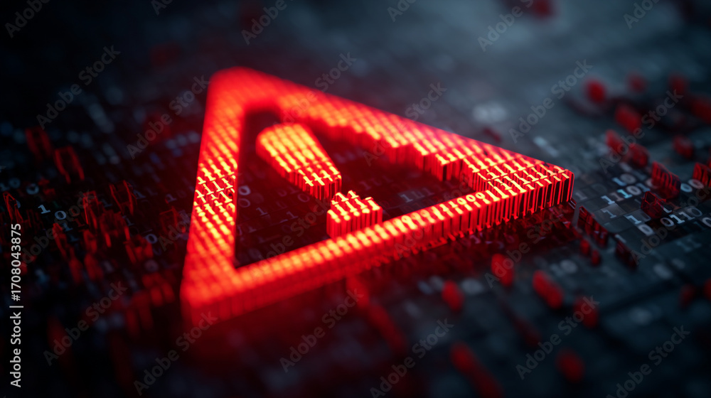 Poster a glowing red warning sign on a dark surface with binary code details