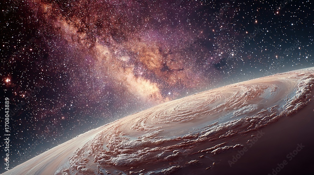 Aufkleber Planet surface with craters and a colorful nebula in the background.
