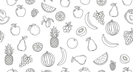 Fototapeta premium Outlined illustration of various fruits arranged in a repeating pattern, showcasing diverse shapes.