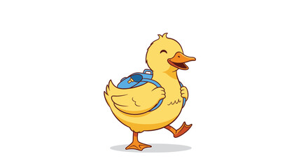 Cute cartoon yellow duckling with a blue backpack walking happily