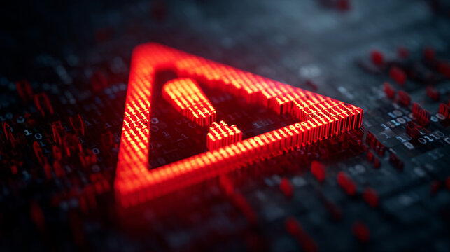 A glowing red warning sign on a dark surface with binary code details