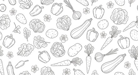 Hand-drawn, detailed vegetable pattern, featuring various vegetables like peppers, zucchini, carrots, onions, potatoes, and cabbage.