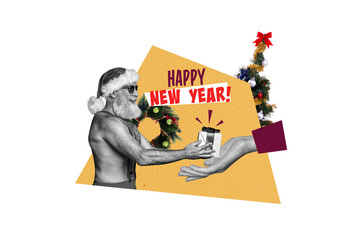 Naklejka premium Composite trend artwork sketch collage of merry christmas new year holiday celebration aged man santa claus handsome give present