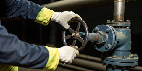 Fototapeta premium Industrial worker hand turning valve wheel with protective gloves in factory