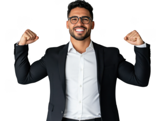 Confident businessman flexing biceps wearing glasses and suit against a black background smiling
