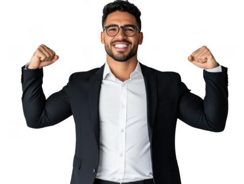 Confident businessman flexing biceps wearing glasses and suit against a black background smiling