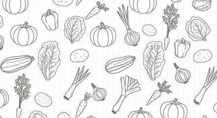 Obraz premium Seamless pattern illustration featuring various vegetables including pumpkins, lettuce, carrots, onions, potatoes, zucchini, leeks, and bell peppers, all in ...