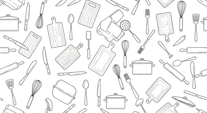 Seamless pattern illustration featuring various kitchen utensils, including knives, cutting boards, pots, whisks, spoons, and rolling pins, on a white background. - Powered by Adobe