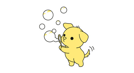 Cute yellow puppy blowing bubbles