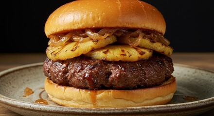 Juicy Grilled Burger with Grilled Pineapple and Caramelized Onion on a Fresh Bun
