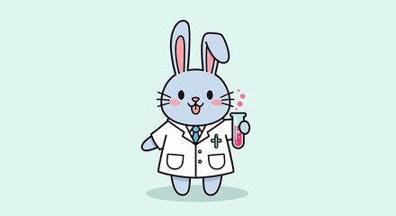 Cute Rabbit Scientist Character Holding Test Tube Cartoon on Blue Background