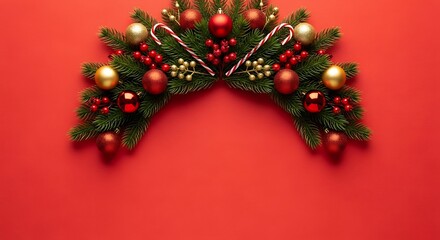 Christmas wreath with red and gold ornaments on a red background.