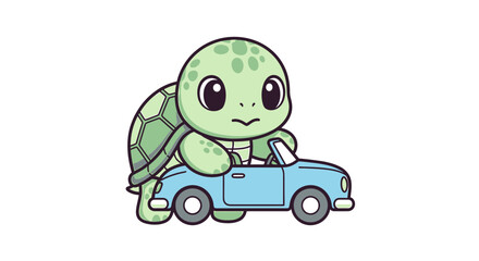 Cute cartoon baby turtle driving a blue convertible car